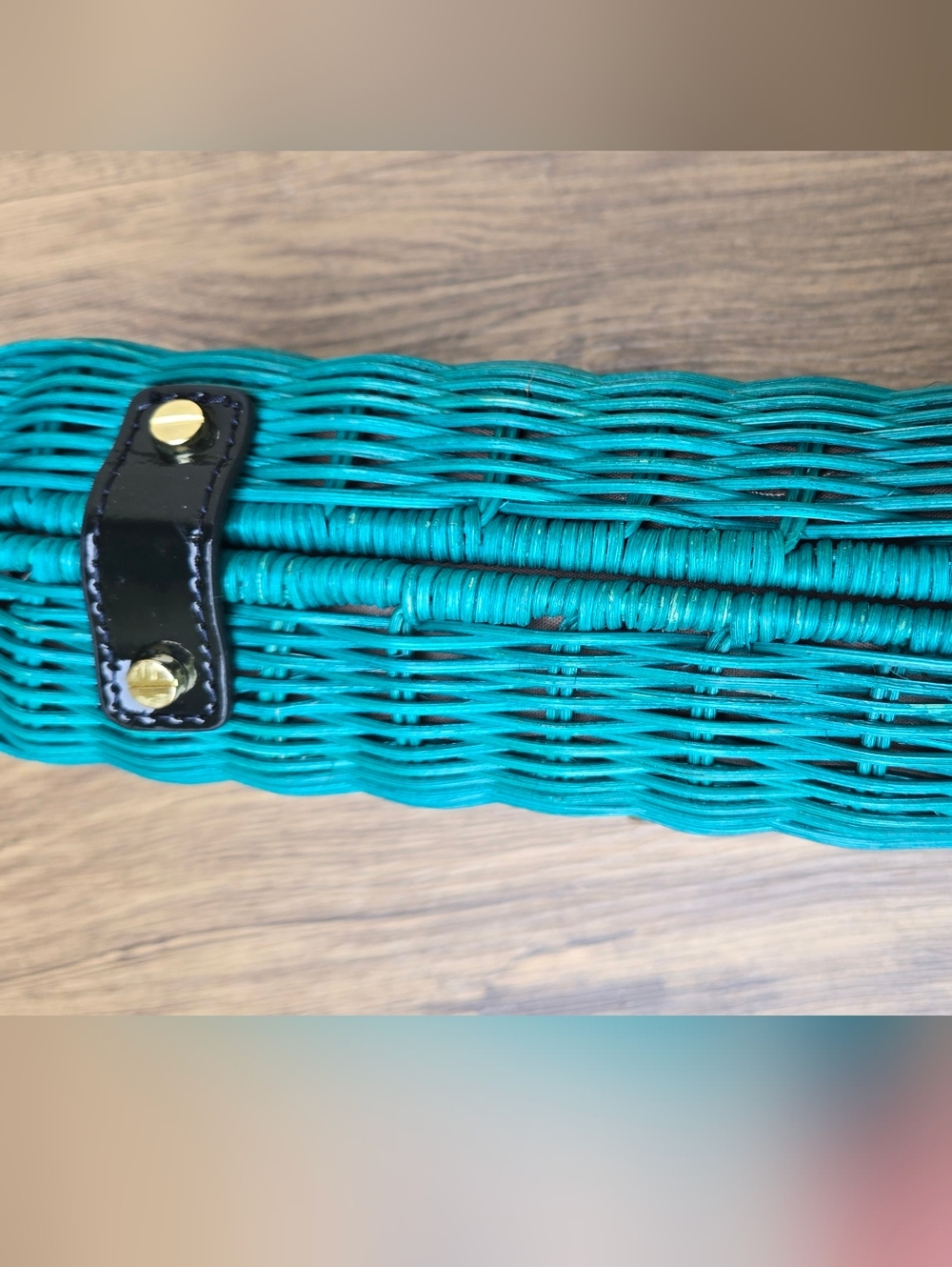 NWT JCrew Teal Straw And Leather Woven Crossbody Bag with Gold Turn-Lock Boho - Picture 4 of 9